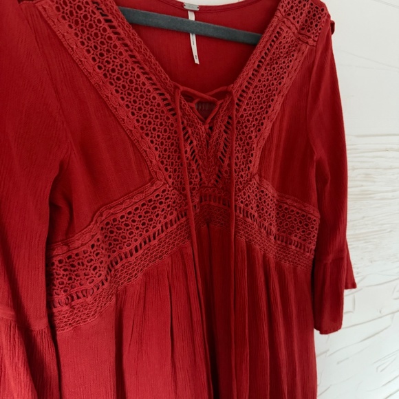 Harlow | XS | Red Boho Lace Trim Peasant Dress - Picture 3 of 6